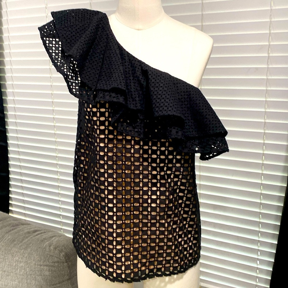 J CREW Black Ruffle Eyelet One Shoulder Top Sz 4